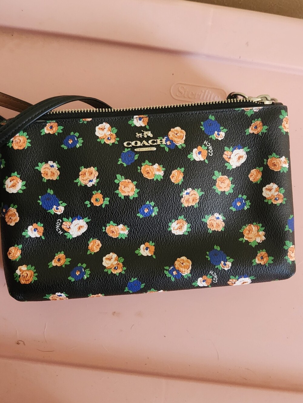 Coach Black Floral Zip Wristlet with Orange & Blue Flowers